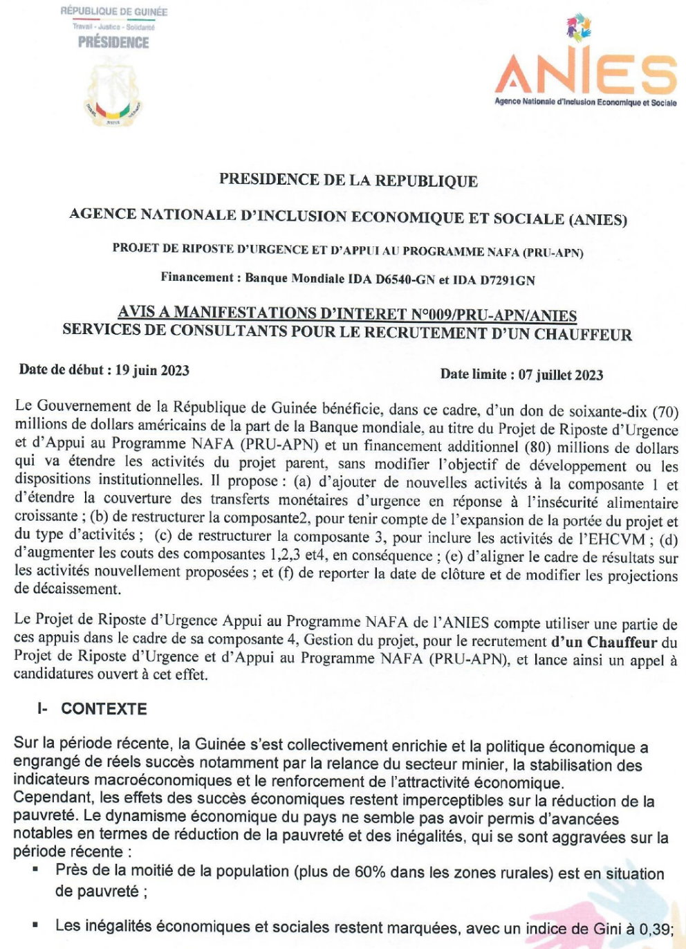 Avis A Manifestation D’intérêt Pour Des Services De Consultants Pour Le Recrutement D’un Chauffeur | page 1