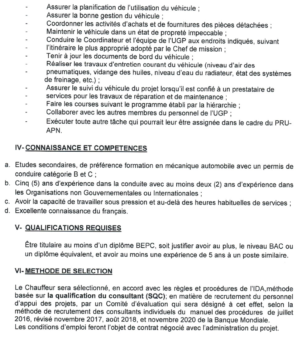 Avis A Manifestation D’intérêt Pour Des Services De Consultants Pour Le Recrutement D’un Chauffeur | page 4