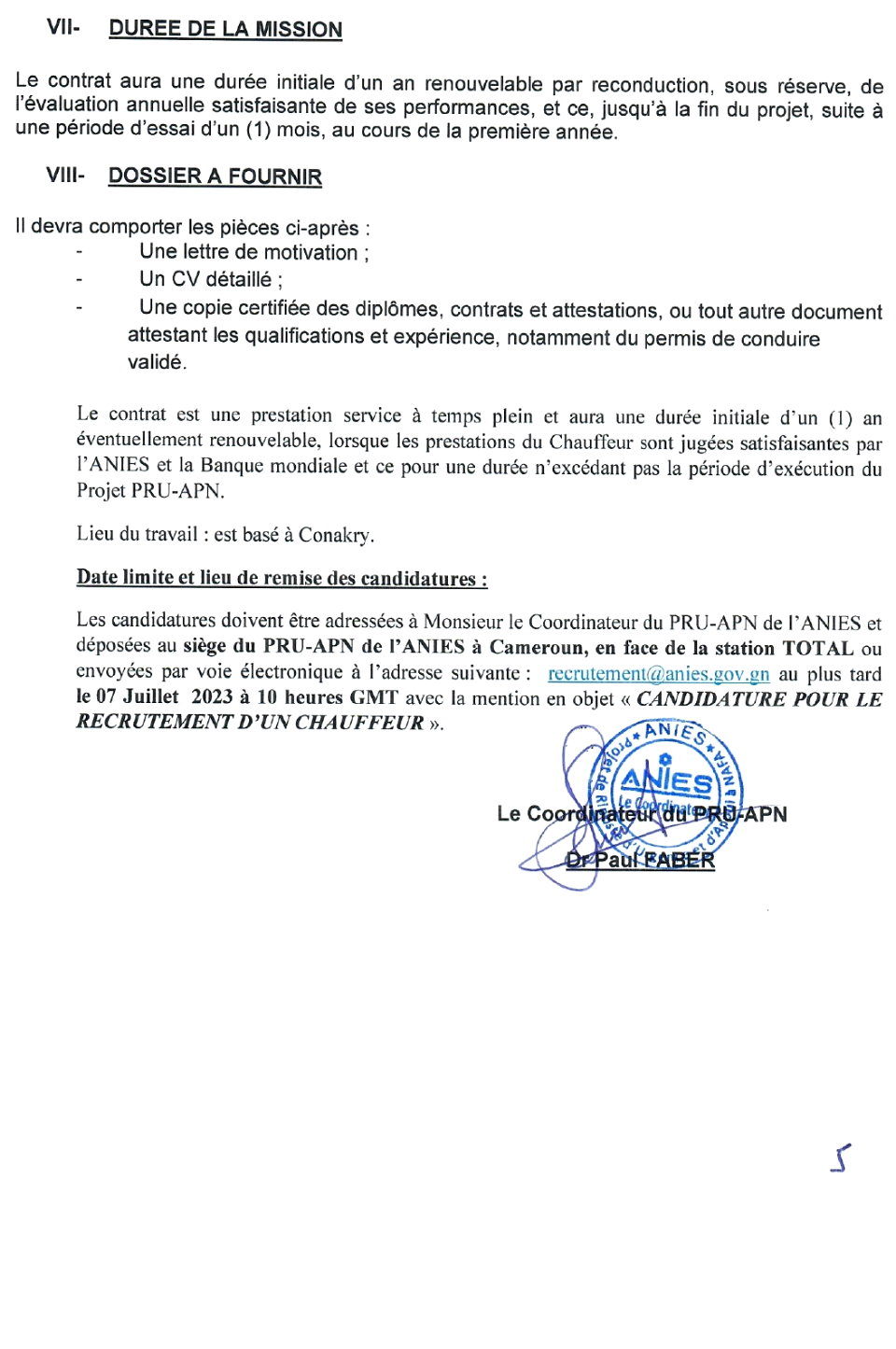 Avis A Manifestation D’intérêt Pour Des Services De Consultants Pour Le Recrutement D’un Chauffeur | page 5