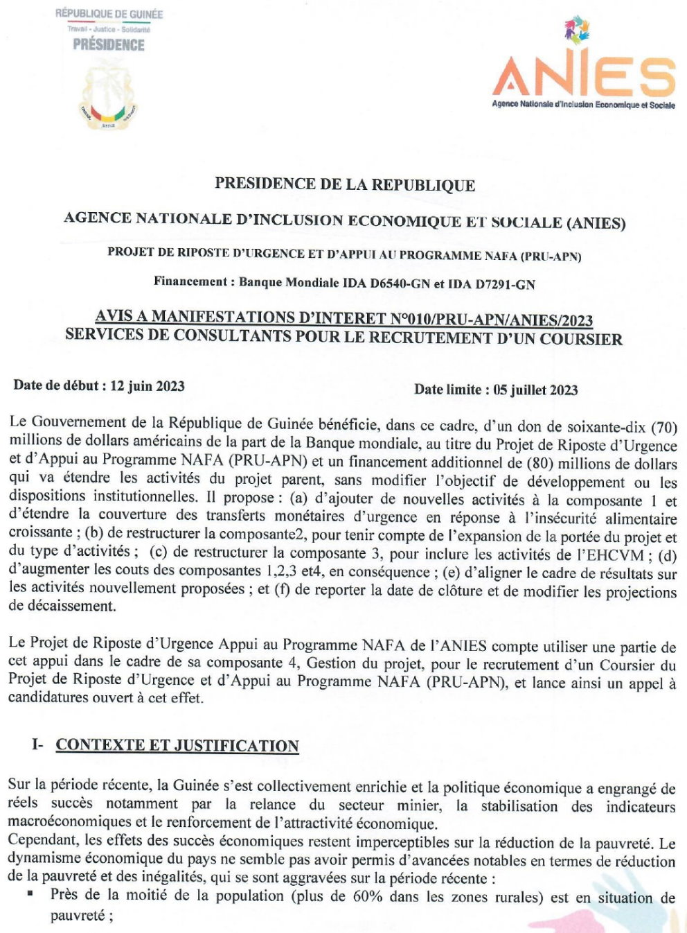 AVIS A MANIFESTATION D’INTERET POUR DES SERVICES DE CONSULTANTS POUR LE RECRUTEMENT D’UN COURSIER | Page 1