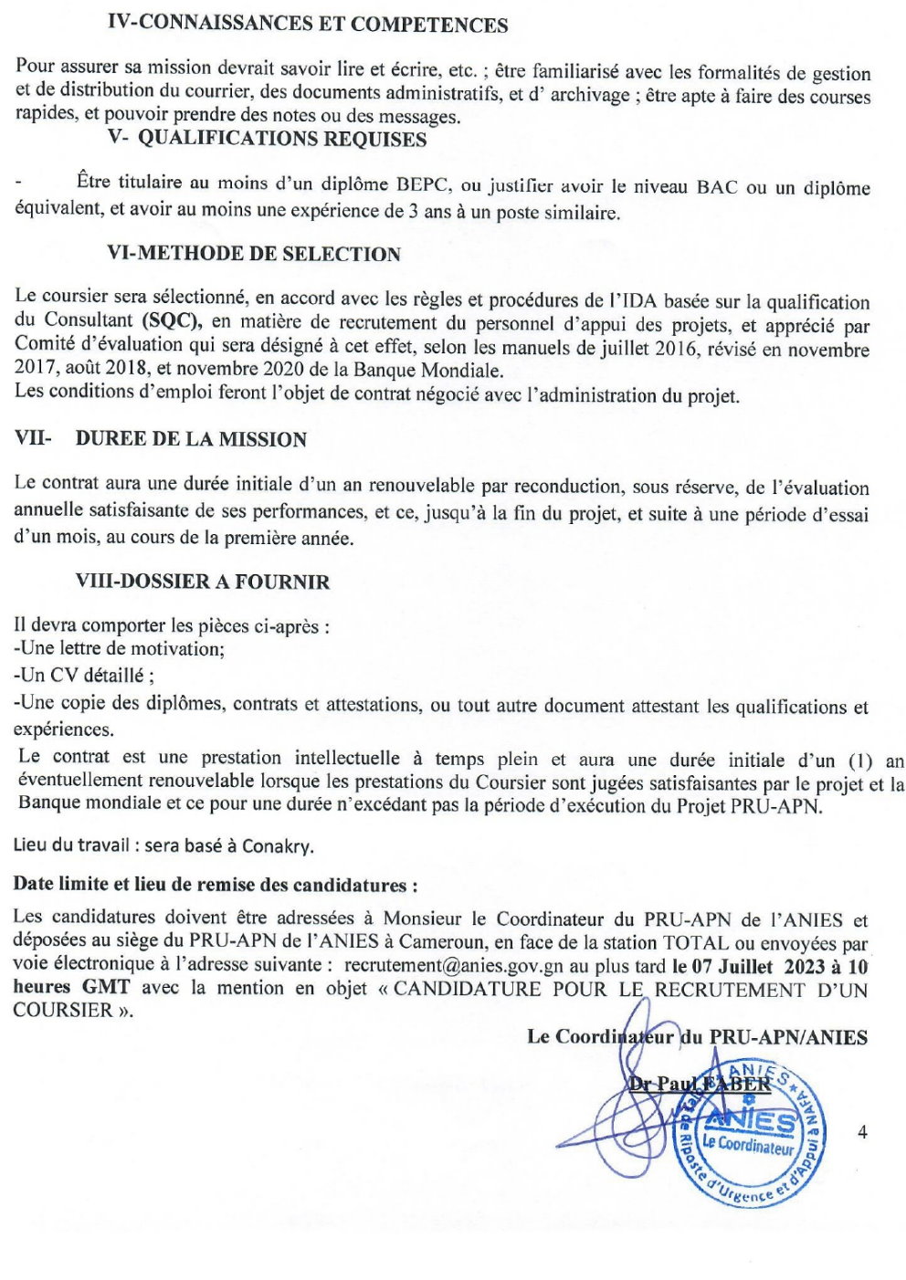 AVIS A MANIFESTATION D’INTERET POUR DES SERVICES DE CONSULTANTS POUR LE RECRUTEMENT D’UN COURSIER | Page 4