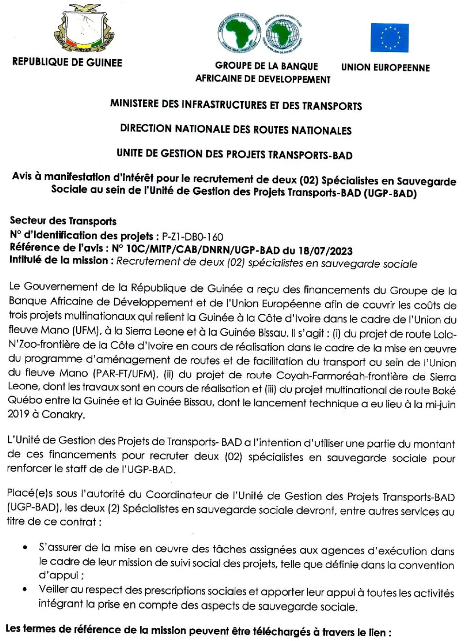 Avis à manifestation d’intérêt pour le recrutement de deux (02) Spécialistes en Sauvegarde Sociale au sein de l’Unité de Gestion des Projets Transports-BAD (UGP-BAD) | Page 1