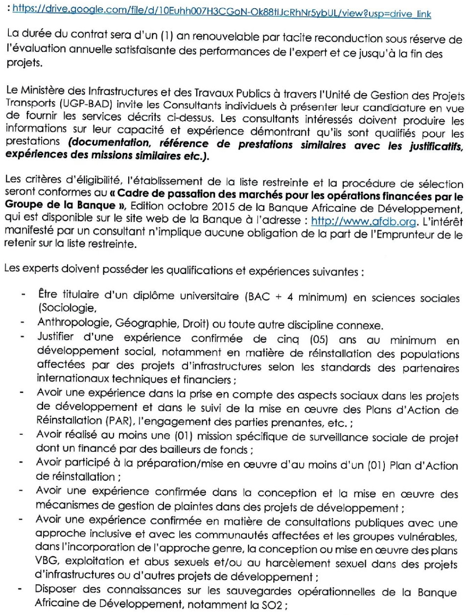 Avis à manifestation d’intérêt pour le recrutement de deux (02) Spécialistes en Sauvegarde Sociale au sein de l’Unité de Gestion des Projets Transports-BAD (UGP-BAD) | Page 2