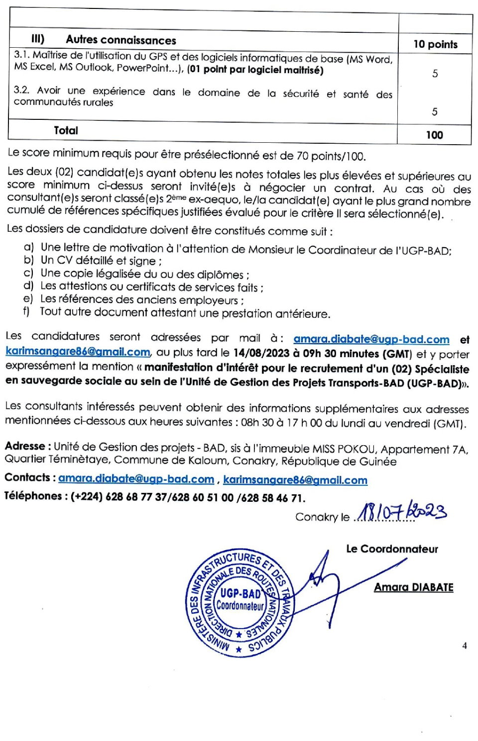 Avis à manifestation d’intérêt pour le recrutement de deux (02) Spécialistes en Sauvegarde Sociale au sein de l’Unité de Gestion des Projets Transports-BAD (UGP-BAD) | Page 4