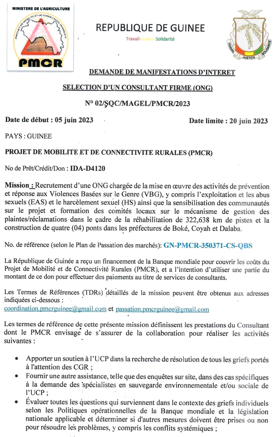Recrutement d’une ONG chargée de la mise en œuvre des activités de prévention et réponse aux Violences Basées sur le Genre (VBG) | Page 1