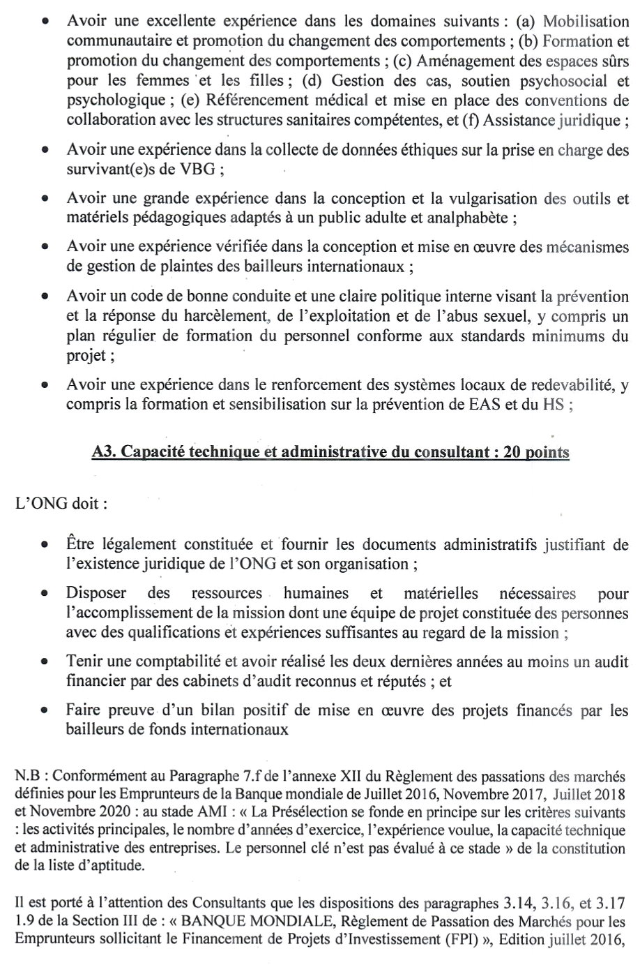 Recrutement d’une ONG chargée de la mise en œuvre des activités de prévention et réponse aux Violences Basées sur le Genre (VBG) | Page 3