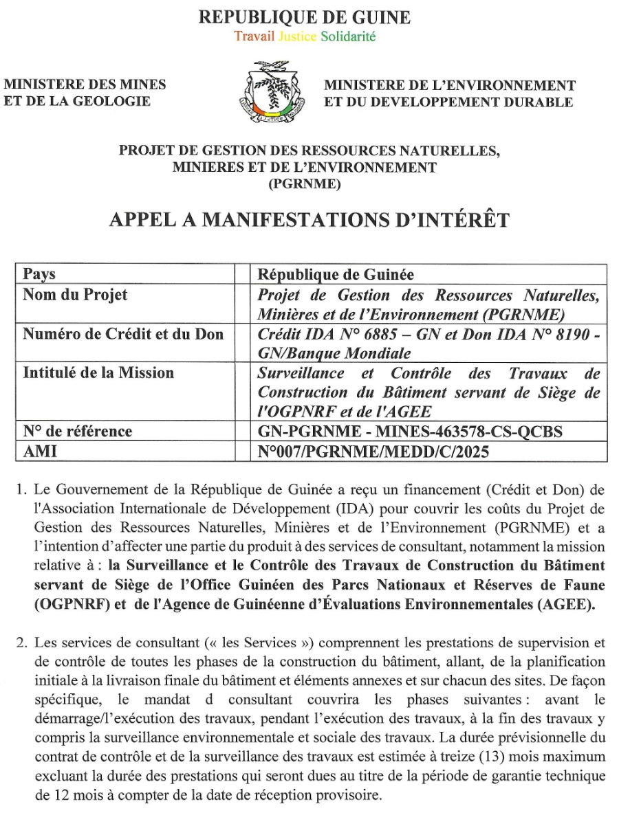 Avis à manifestation d'intérêt pour la Surveillance et Contrôle des Travaux de Construction du Bâtiment servant de Siège de l'OGPNRF et de l'AGEE | Page 1
