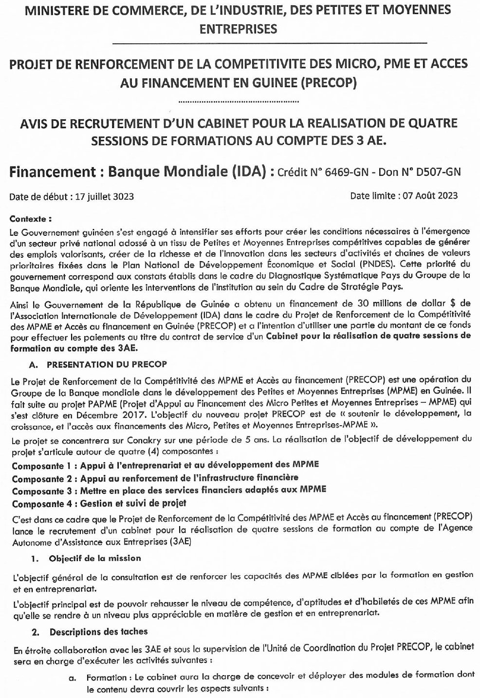 AVIS DE RECRUTEMENT D’UN CABINET POUR LA REALISATION DE QUATRE SESSIONS DE FORMATIONS AU COMPTE DES 3 AE | Page 1