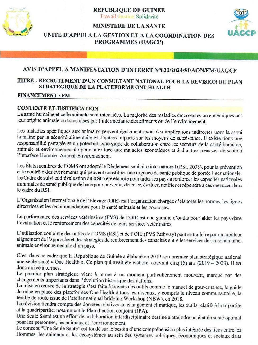 Avis D’appel A Manifestation D’intérêt Pour Le recrutement D’un Consultant National Pour La Révision Du Plan Stratégique De La Plateforme One Health | Page 1