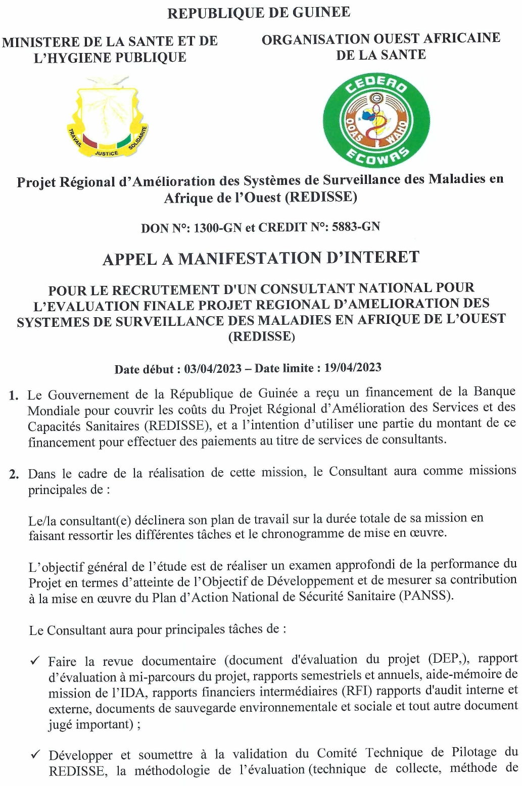Appel A Manifestation D’intérêt Pour Le Recrutement D’Un Consultant National Pour L’évaluation Finale Projet Régional D’amélioration Des Systèmes De Surveillance Des Maladies En Afrique De L’ouest (Redisse) | page 1