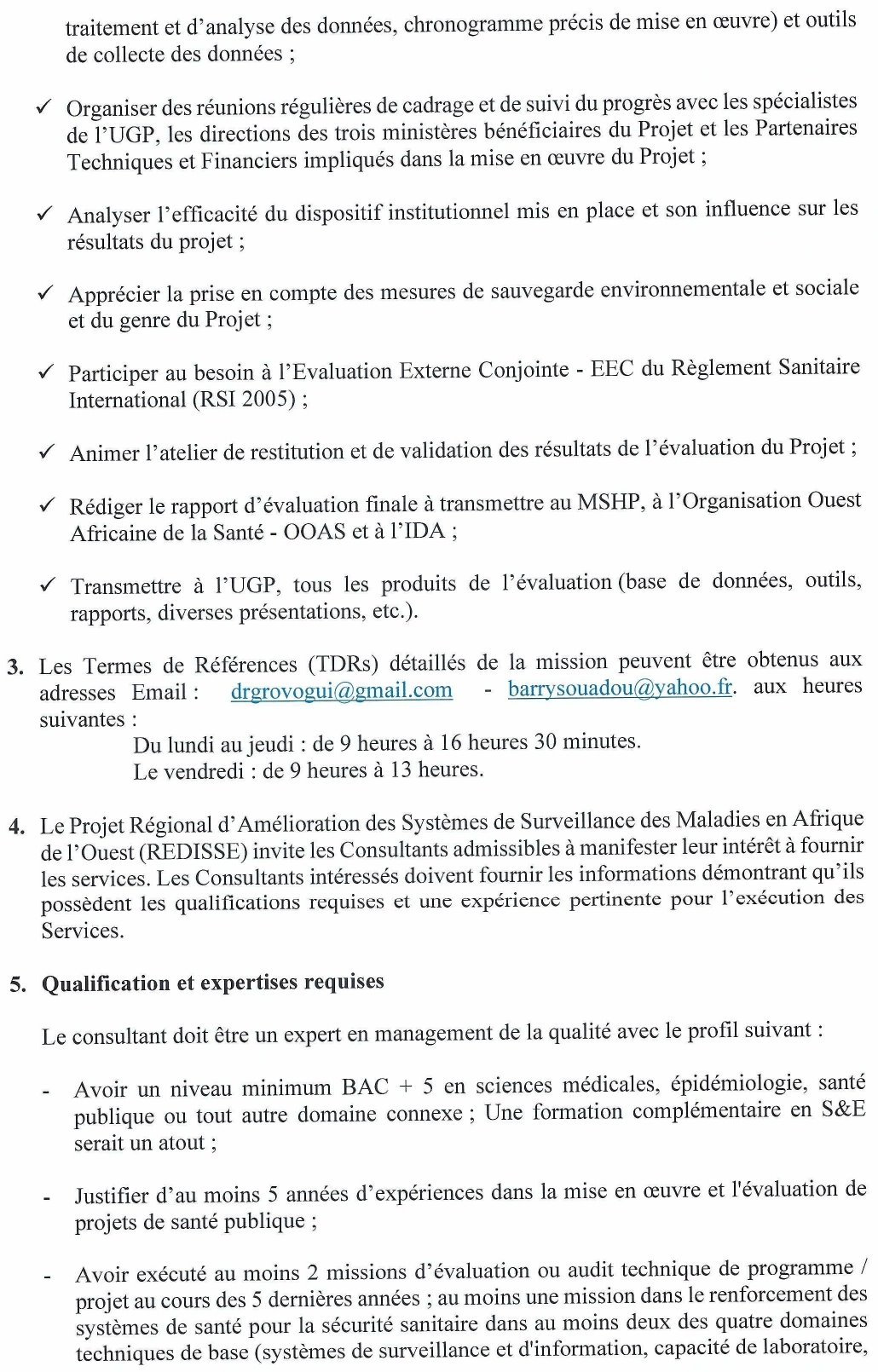 Appel A Manifestation D’intérêt Pour Le Recrutement D’Un Consultant National Pour L’évaluation Finale Projet Régional D’amélioration Des Systèmes De Surveillance Des Maladies En Afrique De L’ouest (Redisse) | page 2
