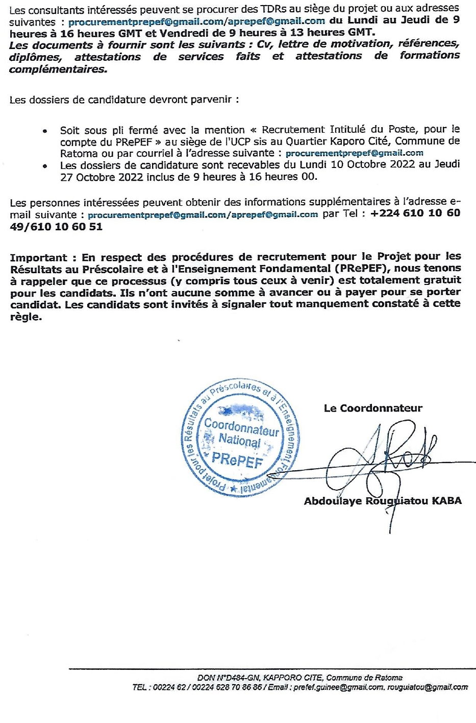 APPEL A CANDIDATURE POUR LE RECRUTEMENT D'UN (E) SPECIALISTE NATIONAL (E) EN EDUCTATION, D'UN (E) SPECIALISTE EN COMMUNICATION ET D'UN (E)  ASSISTANT (E) EN SUIVI EVALUATION | page 2