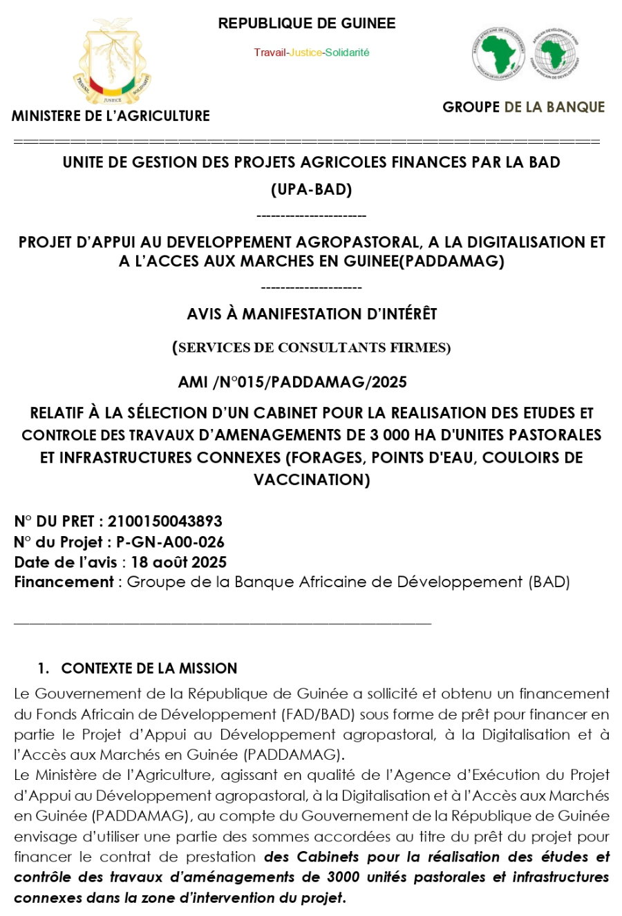 AVIS A MANIFESTATION D’INTERETS RELATIF À LA SÉLECTION D’UN CABINET POUR LA REALISATION DES ETUDES ET CONTROLE DES TRAVAUX D’AMENAGEMENTS DE 3 000 HA D'UNITES PASTORALES ET INFRASTRUCTURES CONNEXES (FORAGES, POINTS D'EAU, COULOIRS DE VACCINATION) | page 1