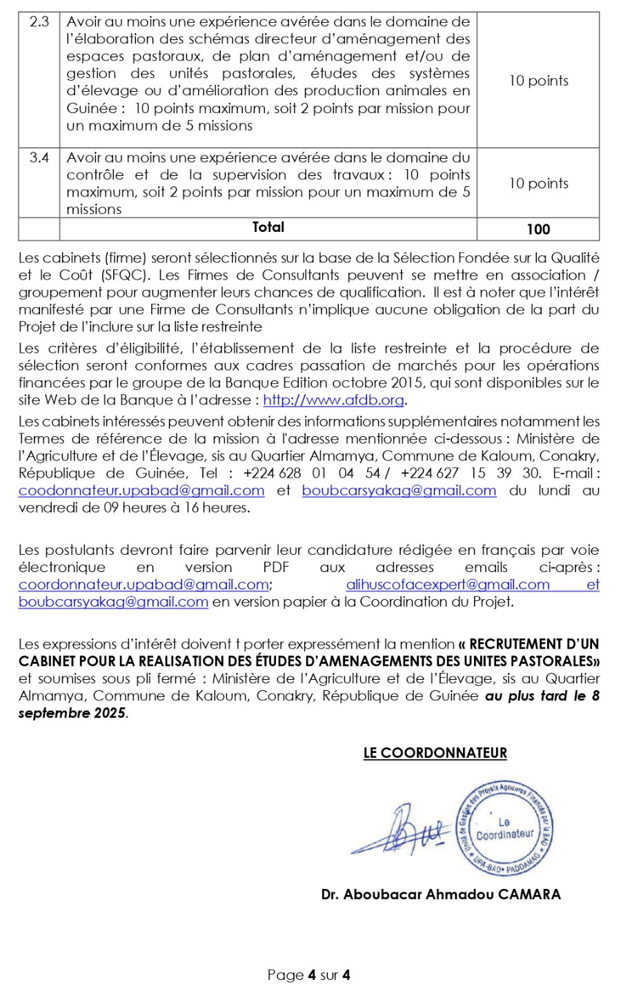 AVIS A MANIFESTATION D’INTERETS RELATIF À LA SÉLECTION D’UN CABINET POUR LA REALISATION DES ETUDES ET CONTROLE DES TRAVAUX D’AMENAGEMENTS DE 3 000 HA D'UNITES PASTORALES ET INFRASTRUCTURES CONNEXES (FORAGES, POINTS D'EAU, COULOIRS DE VACCINATION) | page 4