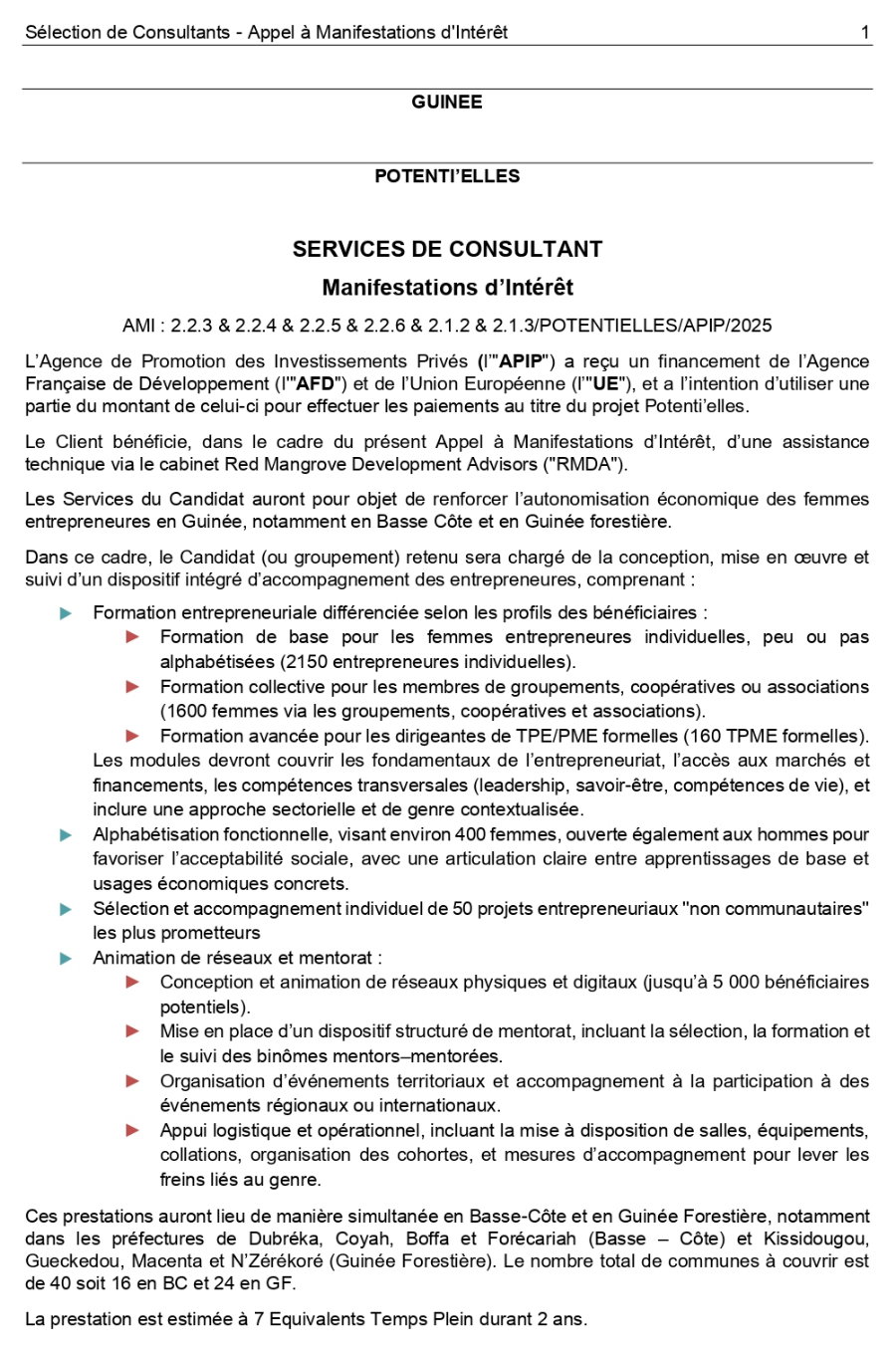 Appel à Manifestations d'Intérêt pour les services d’appuis techniques et de formations adaptés au développement des femmes entrepreneures en Basse-Côte et en Guinée Forestière | Page 2