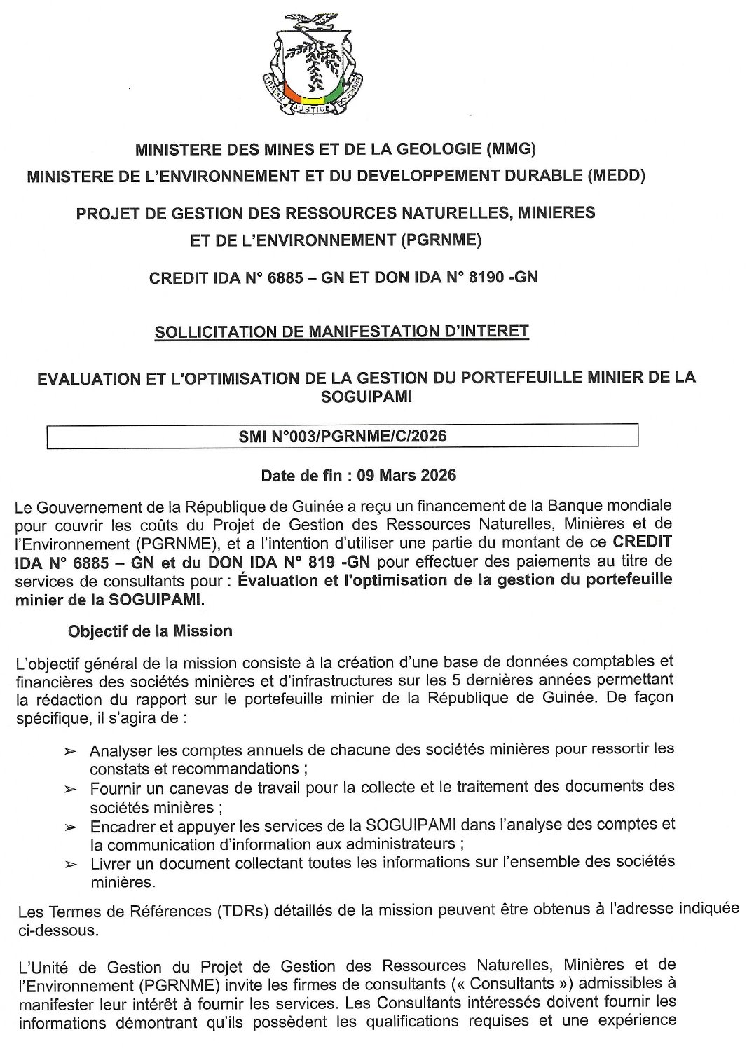 SOLLICITATION DE MANIFESTATION D’INTERET EVALUATION ET L’OPTIMISATION DE LA GESTION DU PORTEFEUILLE MINIER DE LA SOGUIPAMI | Page 1