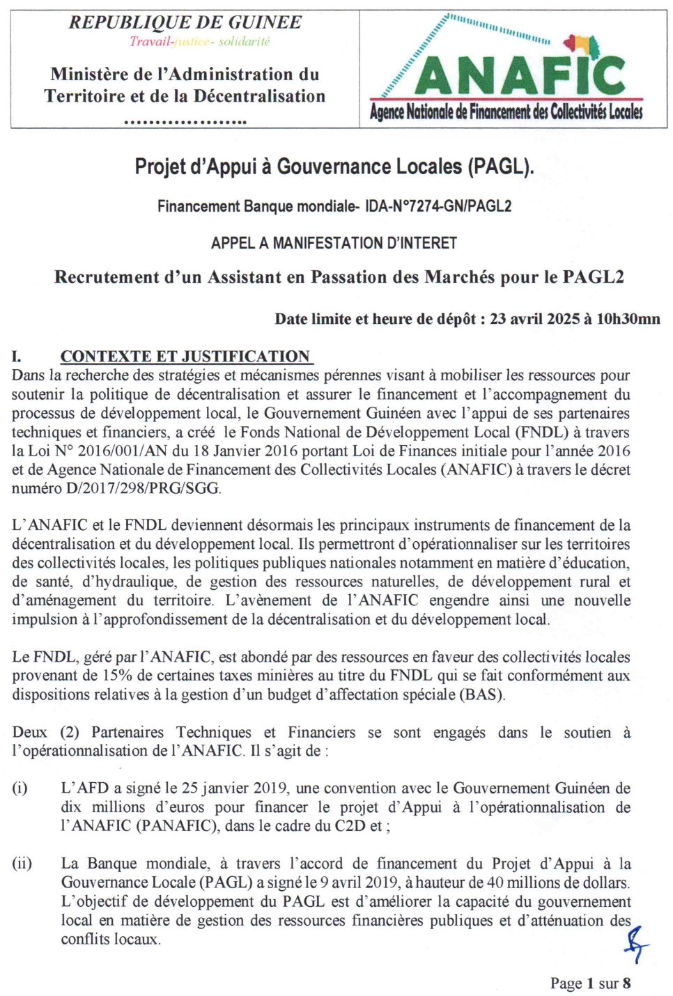 Appel a manifestation d’interet pour le recrutement d’un assistant en passation des marchés pour le pagl2 | Page 1