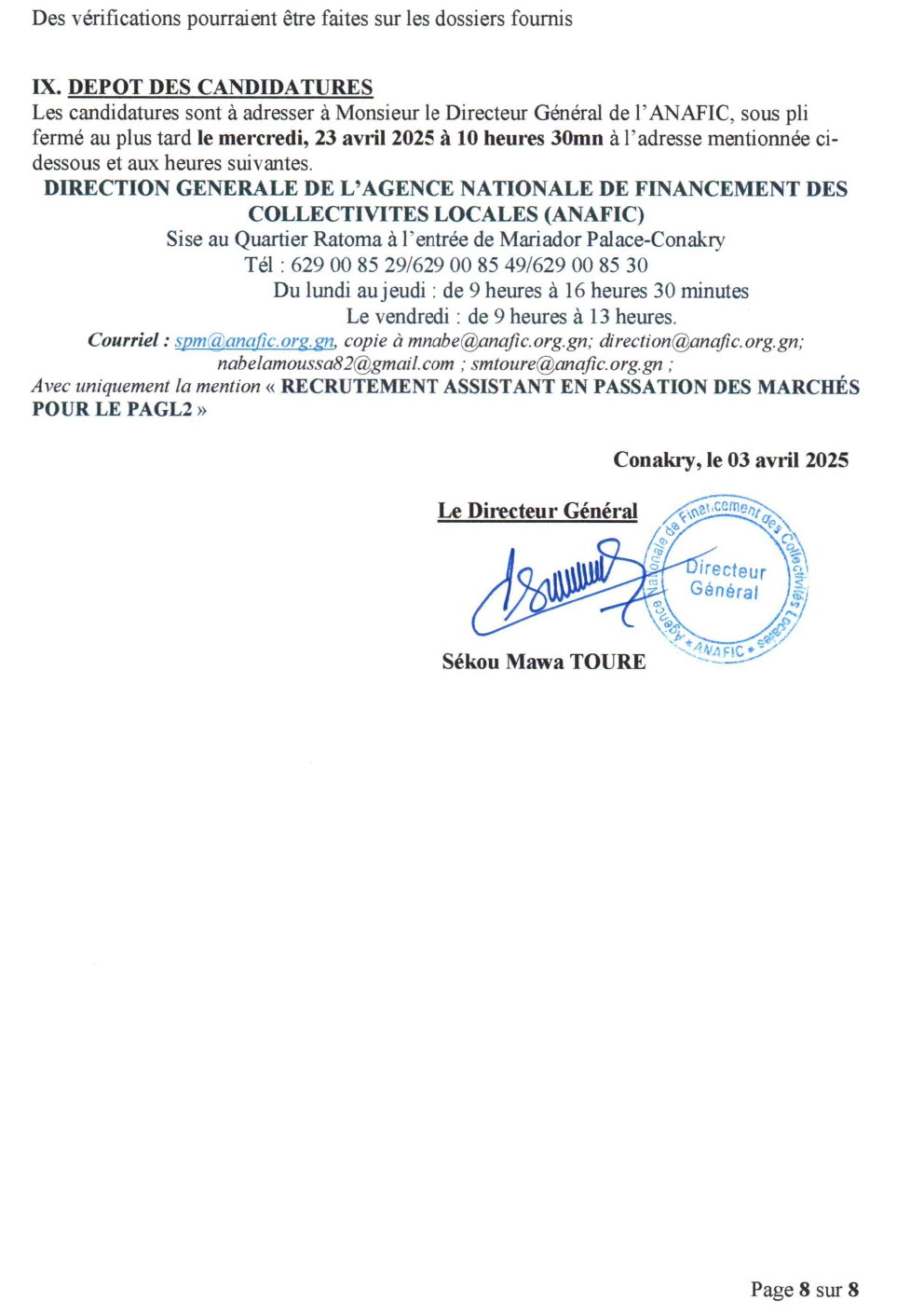 Appel a manifestation d’interet pour le recrutement d’un assistant en passation des marchés pour le pagl2 | Page 8