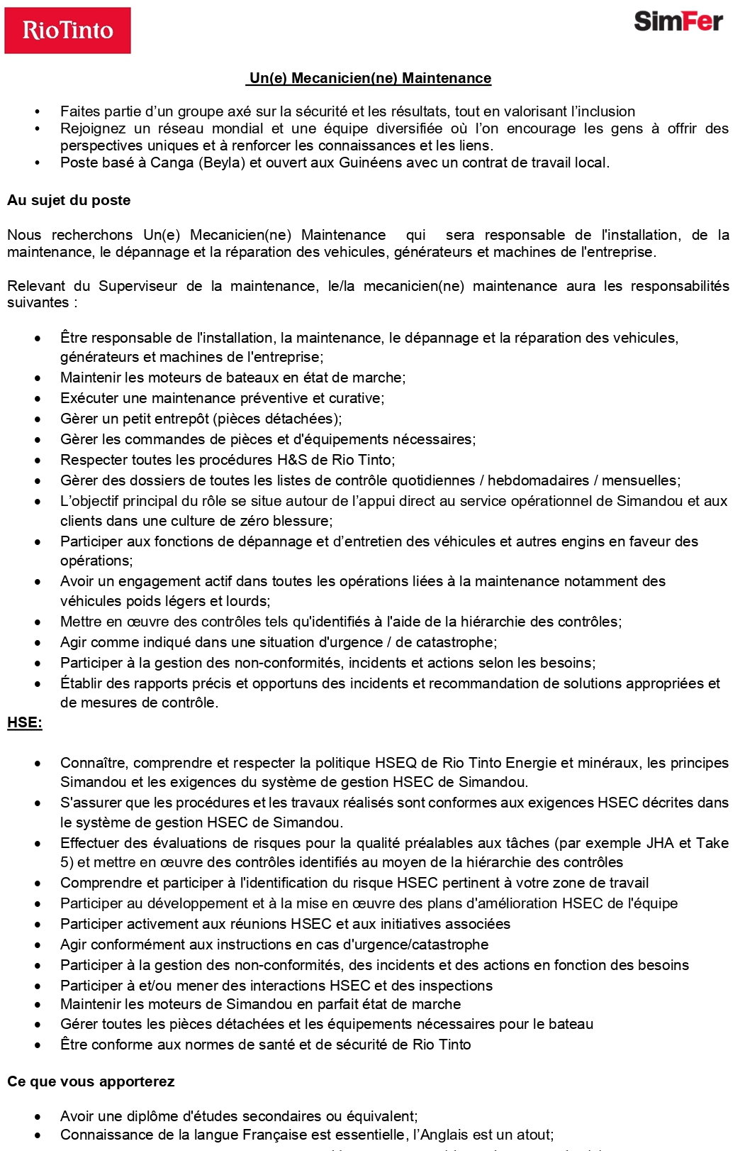 Un(e) Mecanicien(ne) Maintenance | Page 1