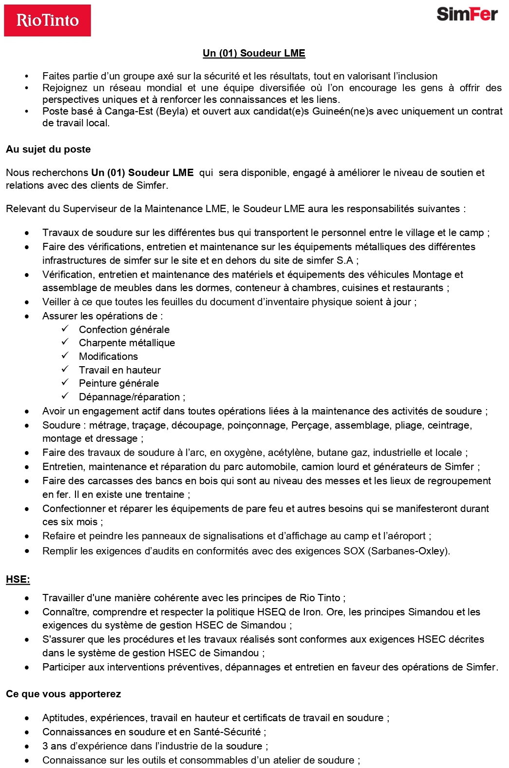 Un (01) Soudeur LME | Page 1