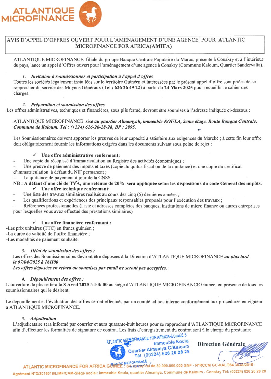 Avis D'appel D'offres Ouvert Pour L'amenagement D'une Agence Pour Atlantimicrofinance For Africa(AMIFA) | Page 1