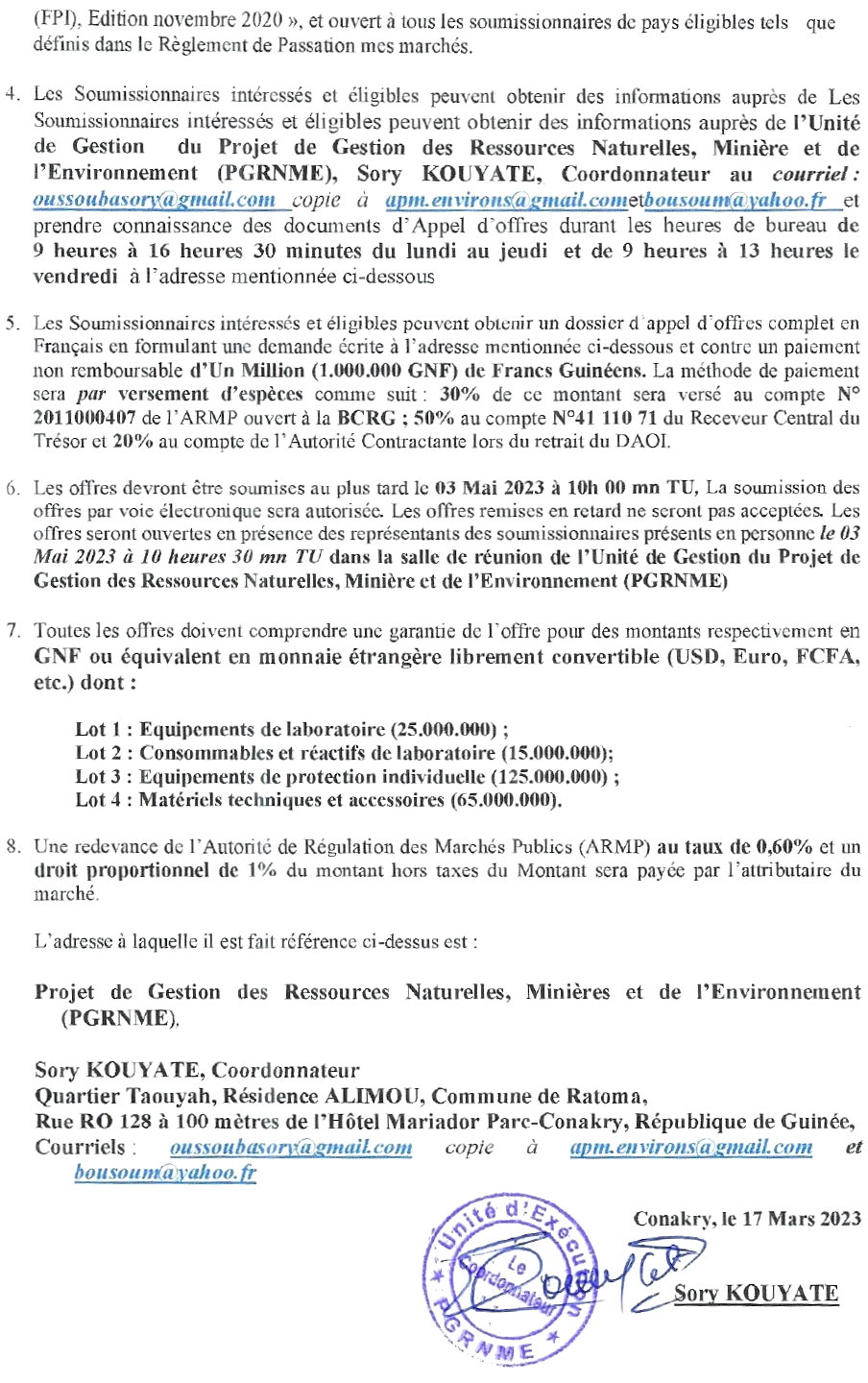 Fourniture et installation de matériels de surveillance environnementale et de matériels techniques pour les Conservateurs de la Nature en faveur du Ministère de l’Environnement et du Développement Durable (MEDD) | page 2