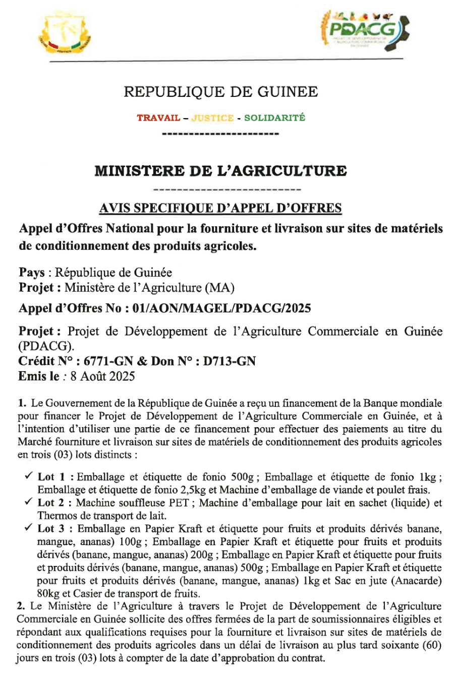 Appel d’Offres National pour la fourniture et livraison sur sites de matériels de conditionnement des produits agricoles | page 1