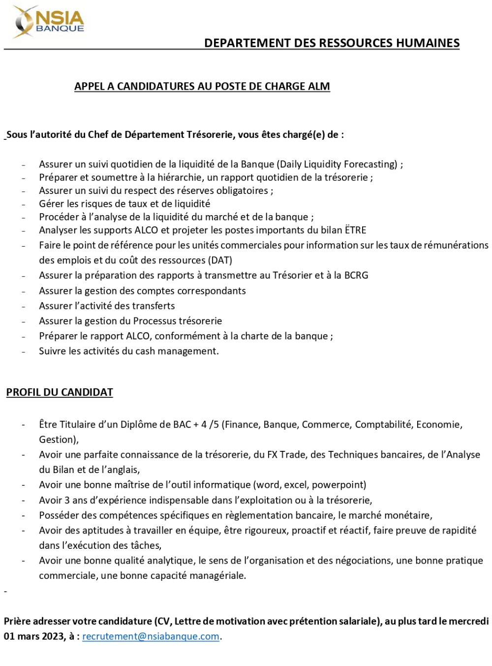 APPEL A CANDIDATURES AU POSTE DE CHARGE ALM 