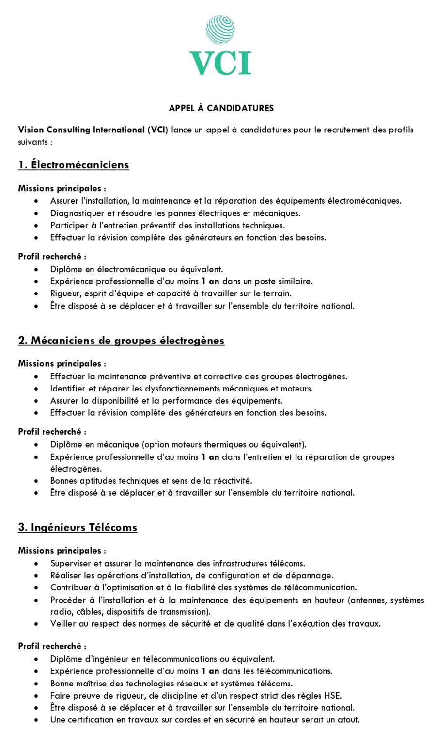 Recrutement De Plusieurs Postes (Électromécaniciens, Mécaniciens de groupes électrogènes, Ingénieurs Télécoms) | Page 1