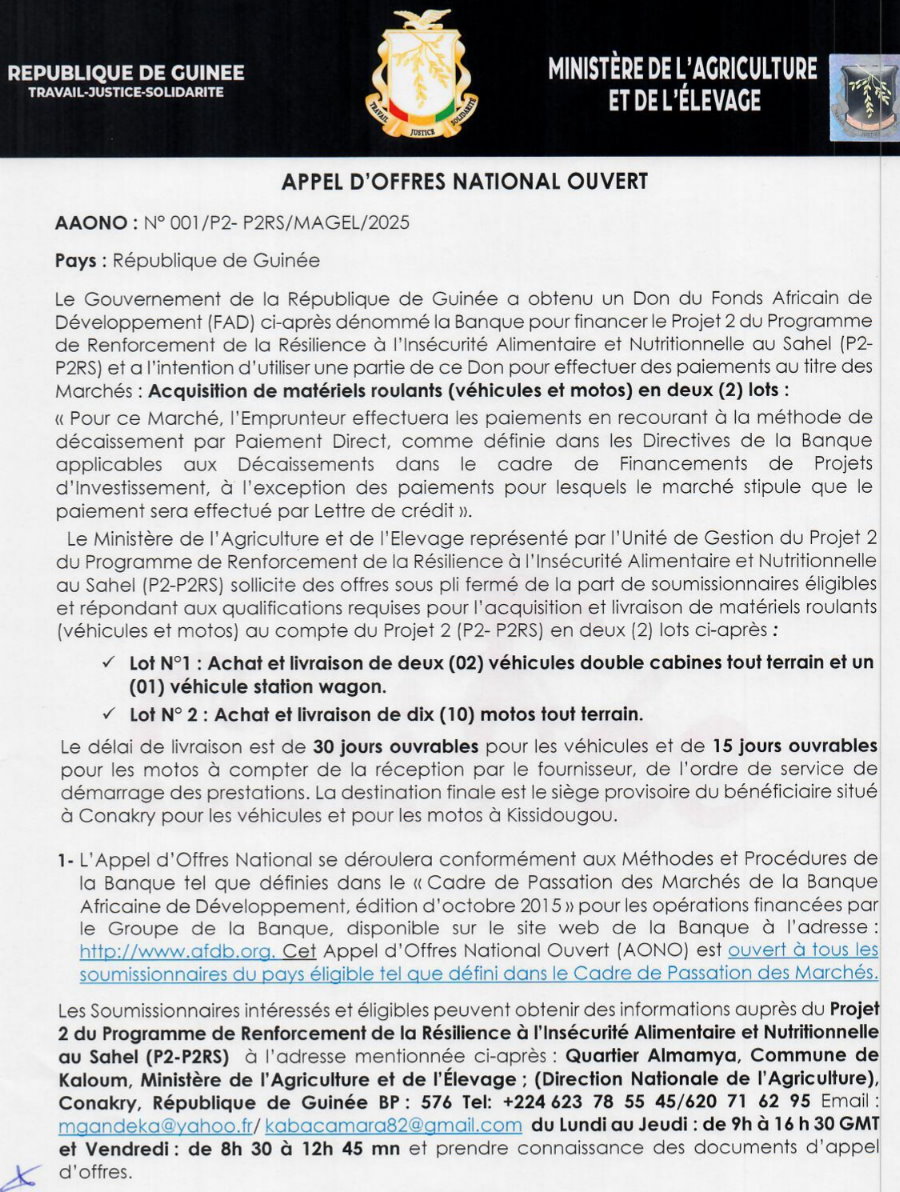 Marchés Acquisition de matériels roulants (véhicules et motos) en deux (2) lots | Page 1