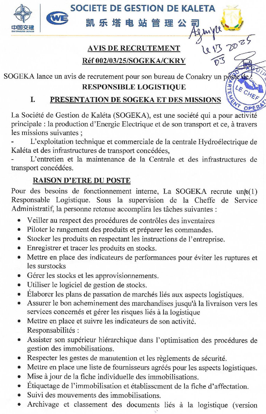 Recrutement D'un Responsable Logistique | Page 1