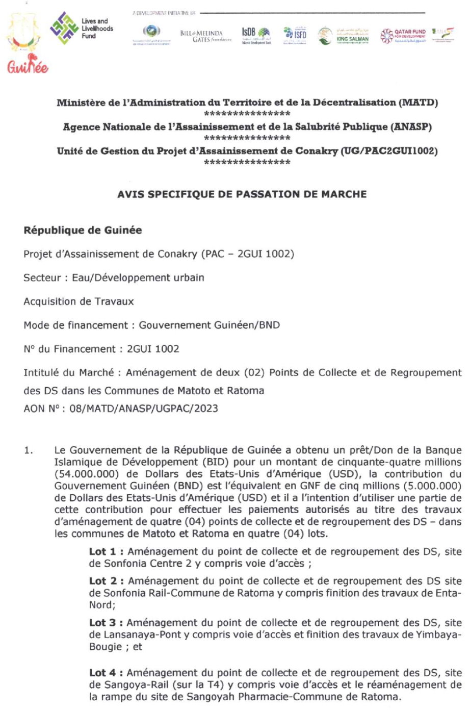 Aménagement de deux (02) Points de Collecte et de Regroupement des DS dans les Communes de Matoto et Ratoma | Page 1