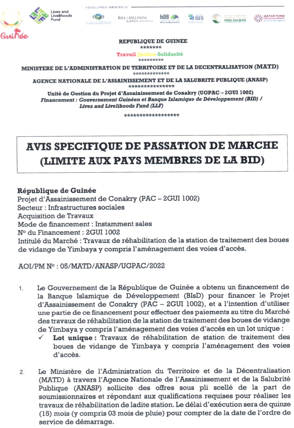 AVIS SPECIFIQUE DE PASSATION DE MARCHE pour des Travaux de réhabilitation de la station de traitement des boues de vidange de Yimbaya y compris l’aménagement des voies d’accès | page 1
