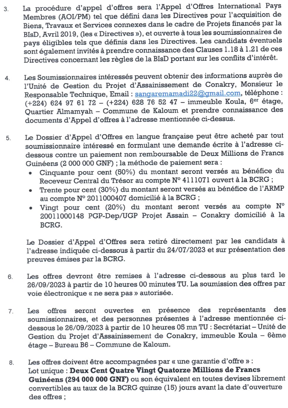 AVIS SPECIFIQUE DE PASSATION DE MARCHE pour des Travaux de réhabilitation de la station de traitement des boues de vidange de Yimbaya y compris l’aménagement des voies d’accès | page 2