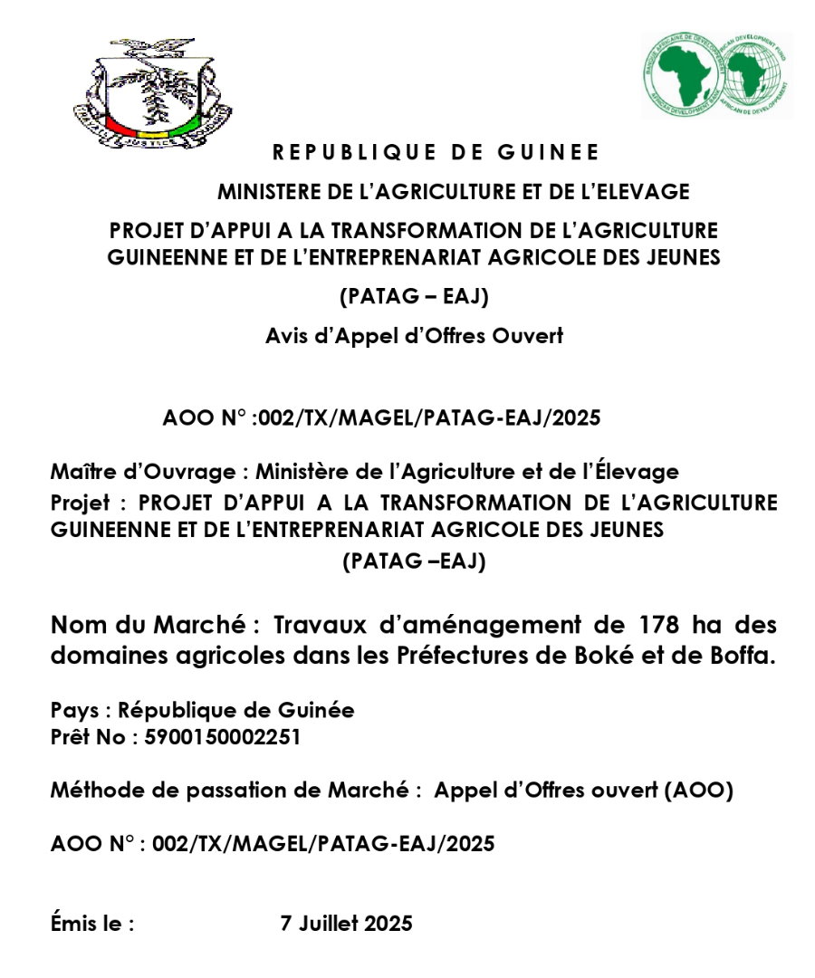 Avis d'appel d'offres pour des Travaux d’aménagement de 178 ha des domaines agricoles dans les Préfectures de Boké et de Boffa | Page 1