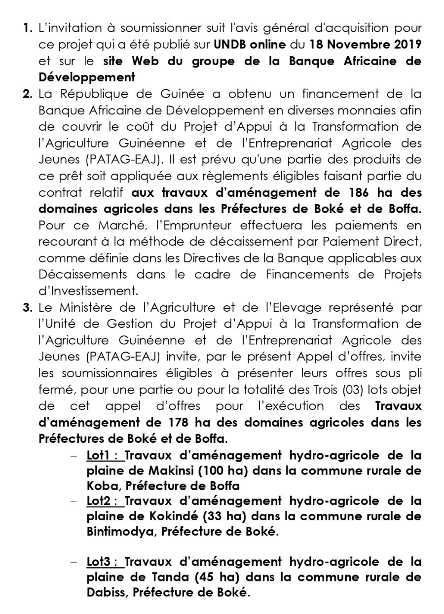 Avis d'appel d'offres pour des Travaux d’aménagement de 178 ha des domaines agricoles dans les Préfectures de Boké et de Boffa | Page 2