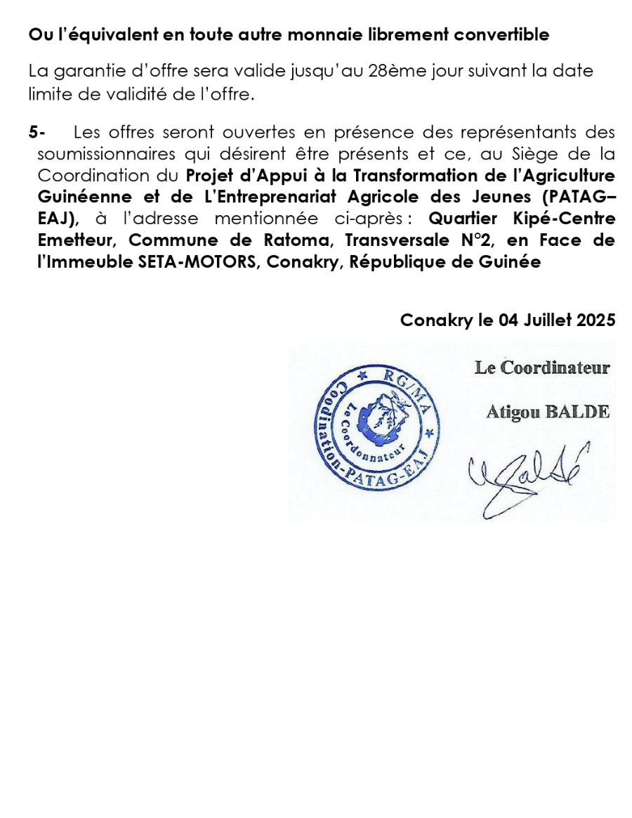 Avis d'appel d'offres pour des Travaux d’aménagement de 178 ha des domaines agricoles dans les Préfectures de Boké et de Boffa | Page 5