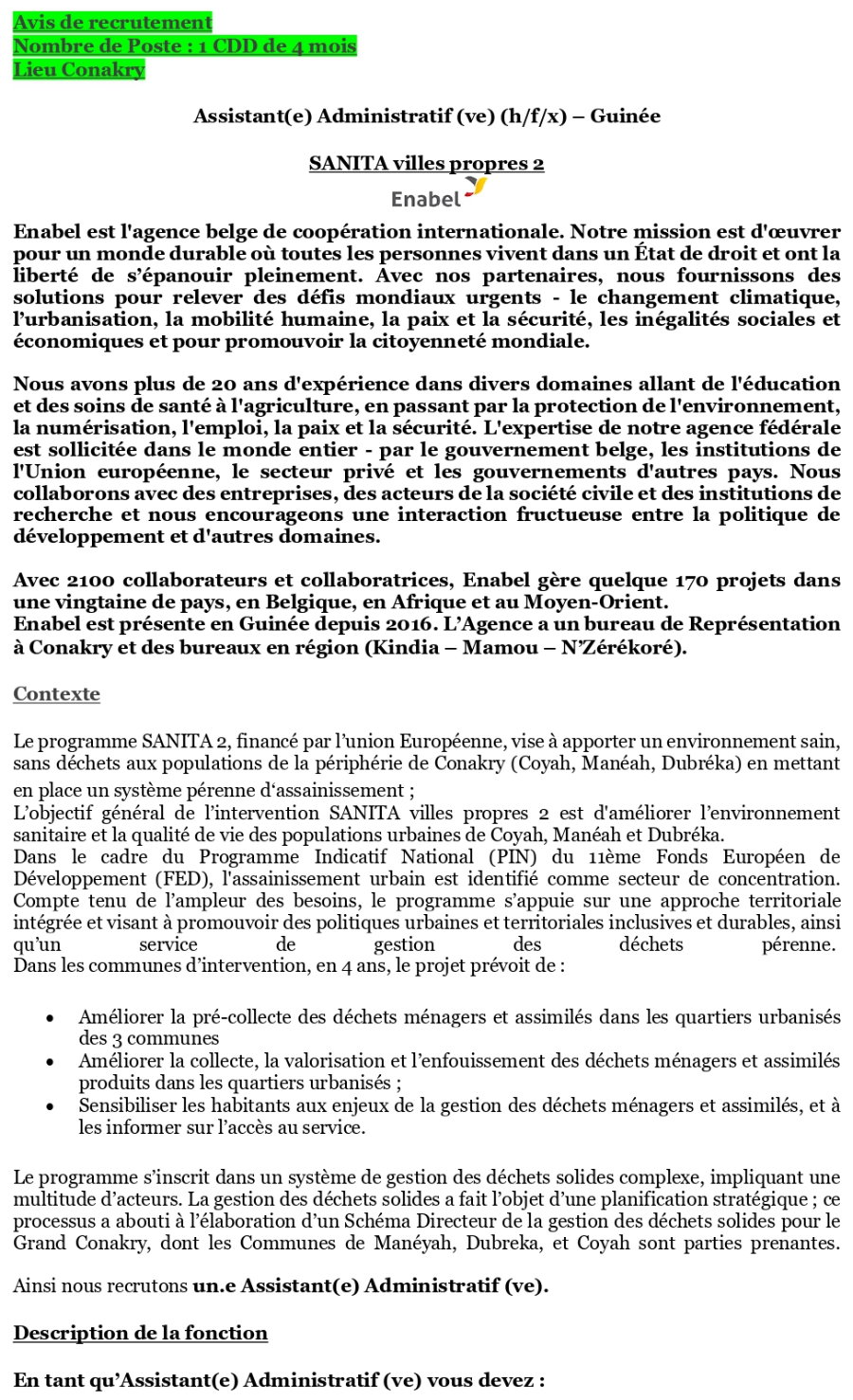 Avis de recrutement d'un(e) Assistant(e) Administratif (ve) (h/f/x) – Guinée | Page 1