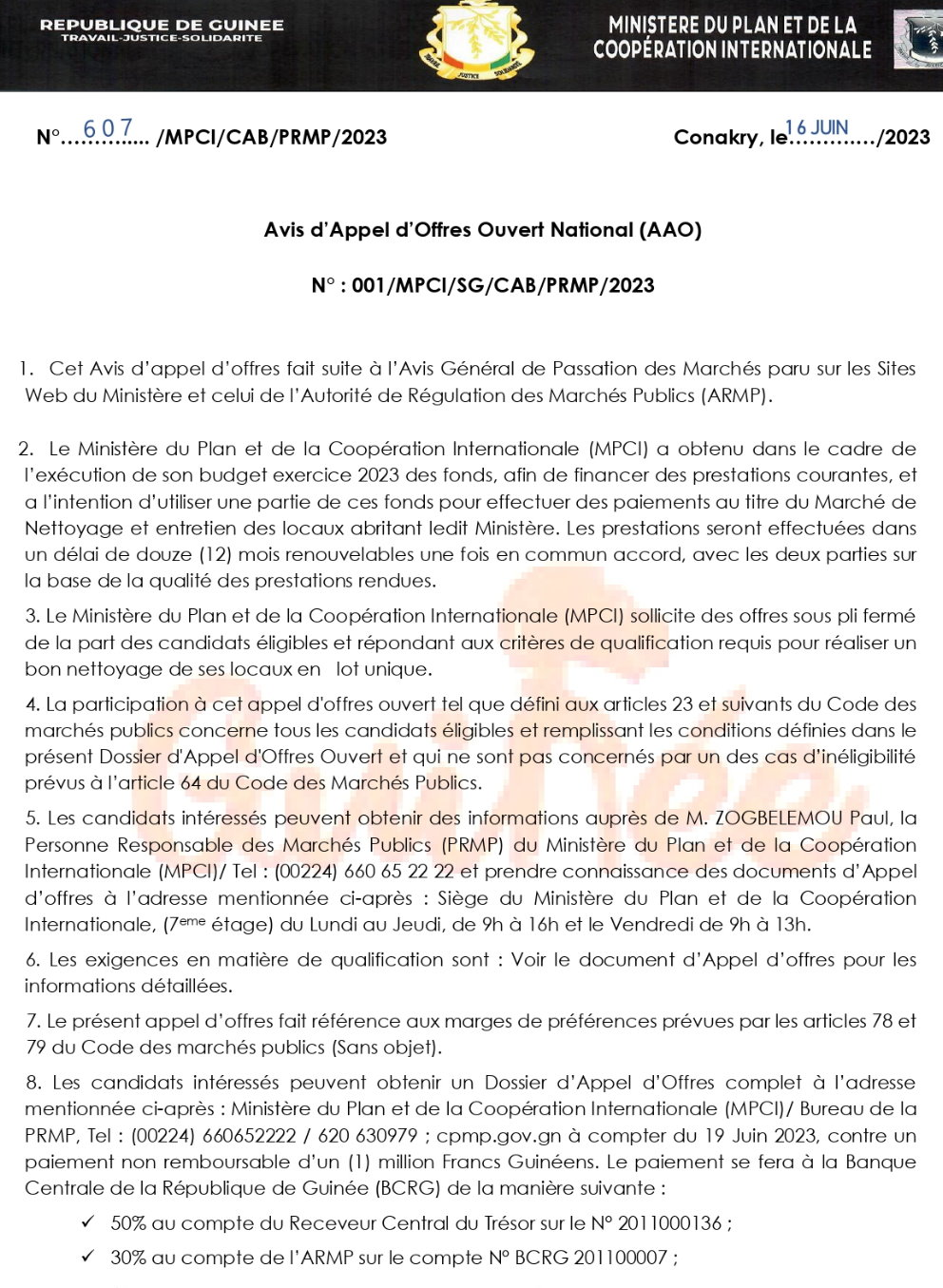  Ministère du Plan et de la Coopération Internationale: Avis d'appel d'offres pour le Marché de Nettoyage et entretien des locaux abritant ledit Ministère | Page 1