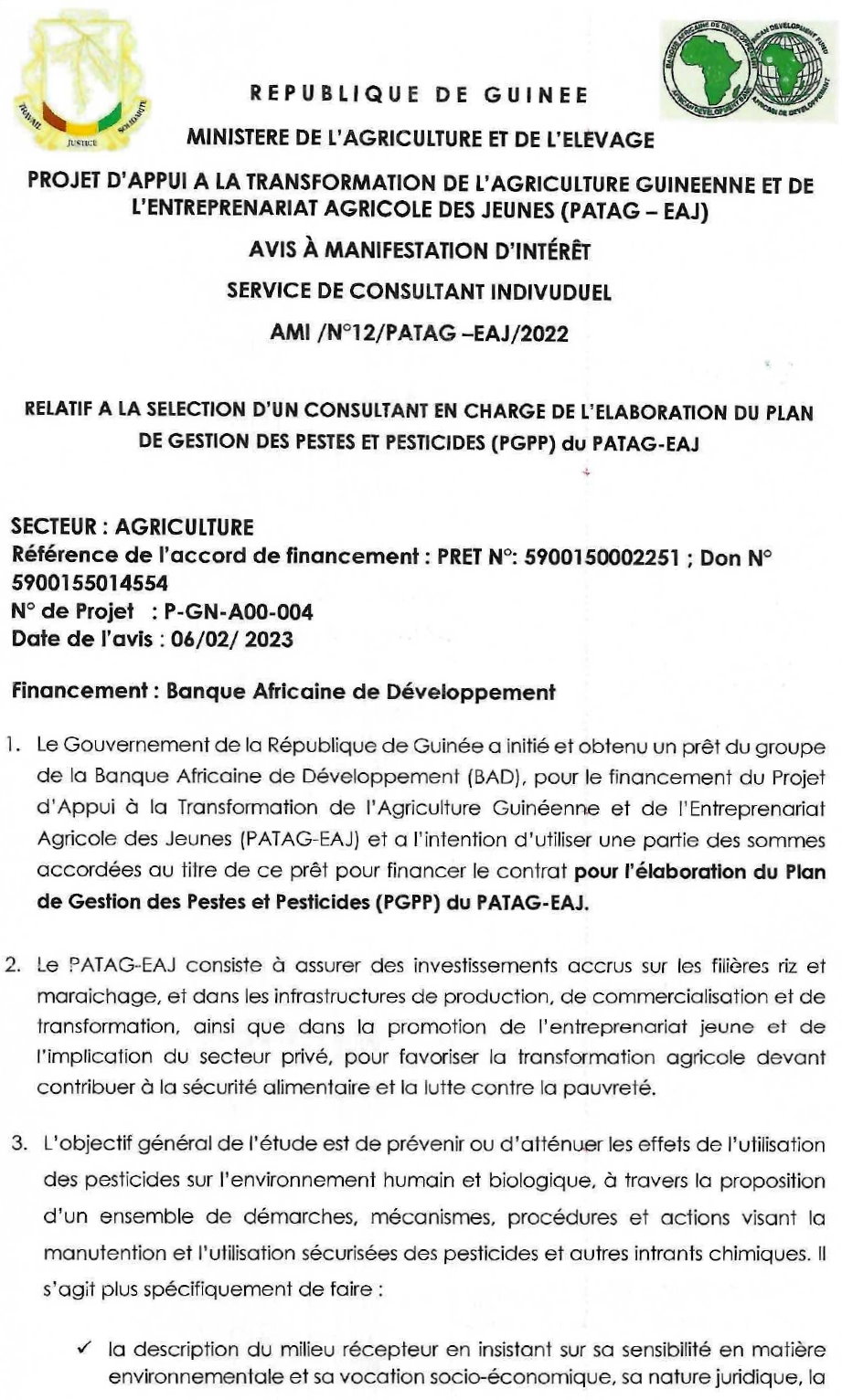 Avis À Manifestation D’intérêt Relatif A La Selection D’un Consultant En Charge De L’elaboration Du Plan De Gestion Des Pestes Et PESTICIDES (PGPP) du PATAG-EAJ | Page 1