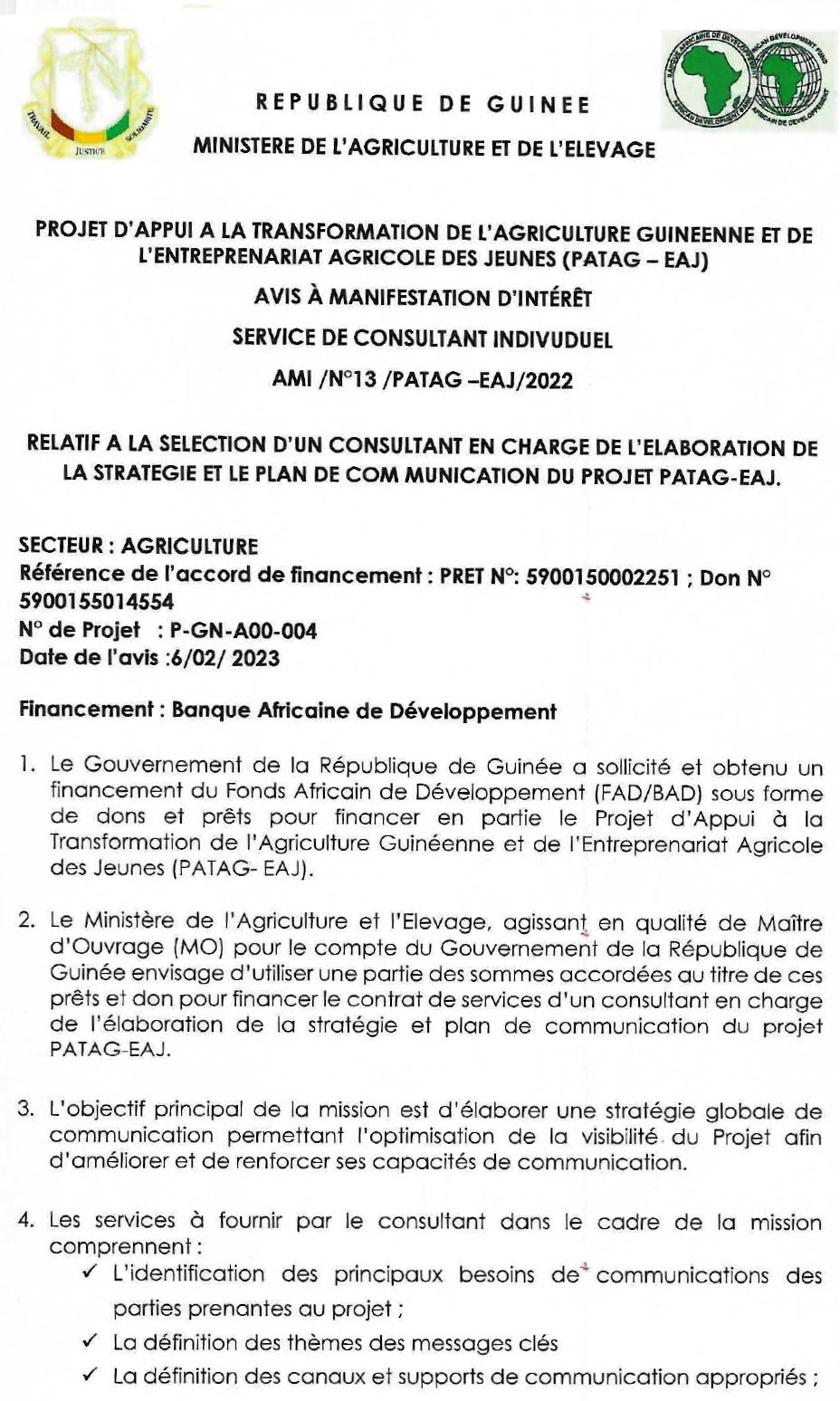 Avis À Manifestation D’intérêt Relatif A La Selection D’un Consultant En Charge De Elaboration De La Strategie Et Le Plan De Communication Du PROJET PATAG-EAJ | Page 1