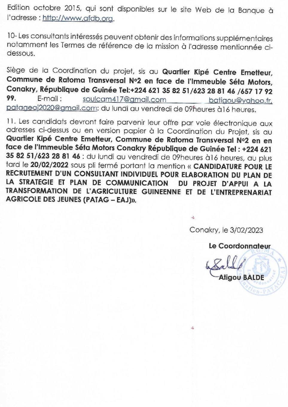 Avis À Manifestation D’intérêt Relatif A La Selection D’un Consultant En Charge De Elaboration De La Strategie Et Le Plan De Communication Du PROJET PATAG-EAJ | Page 4