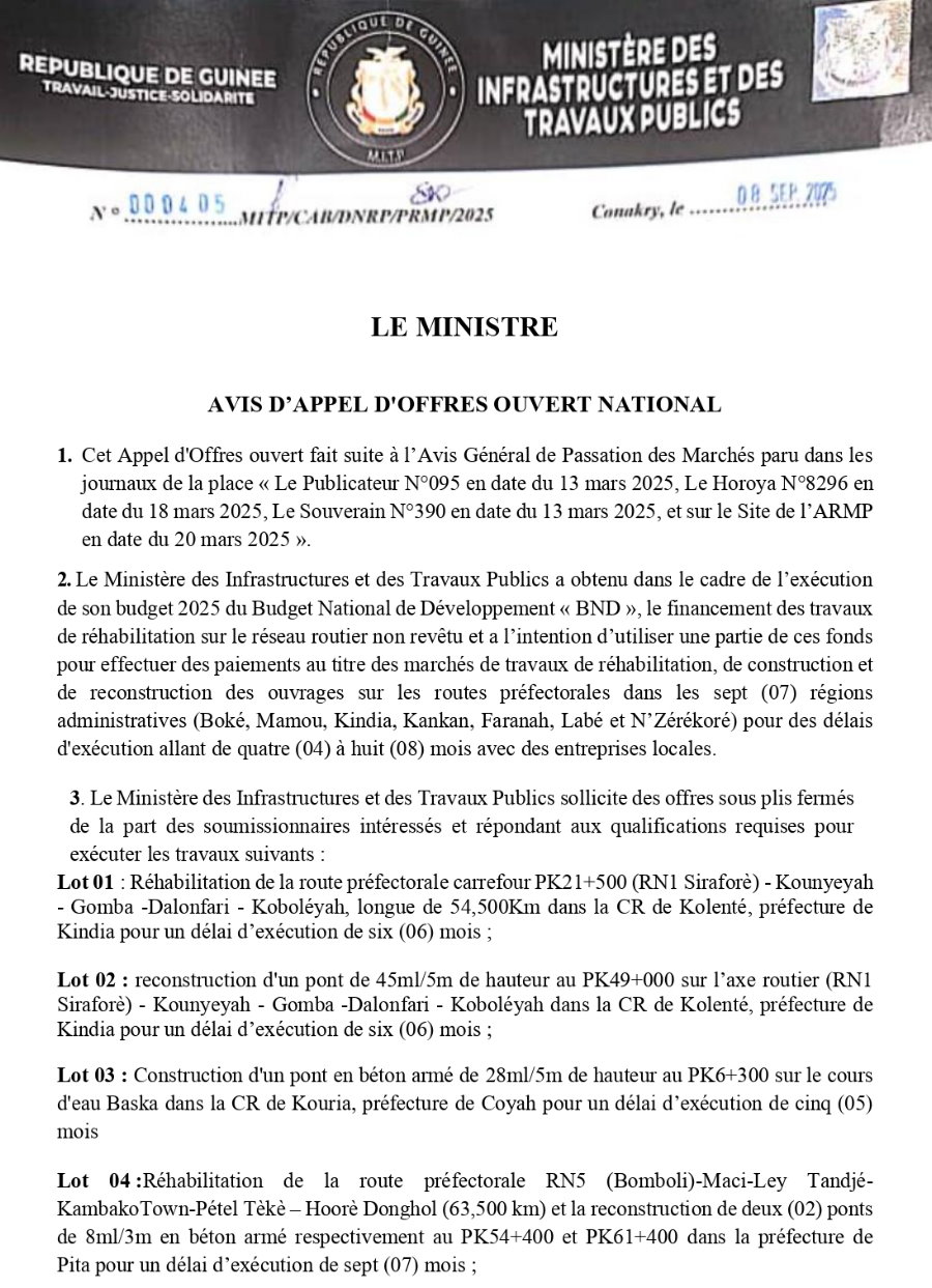 marchés de travaux de réhabilitation, de construction et  de reconstruction des ouvrages sur les routes préfectorales dans les sept (07) régions  administratives (Boké, Mamou, Kindia, Kankan, Faranah, Labé et N’Zérékoré)  | Page 1