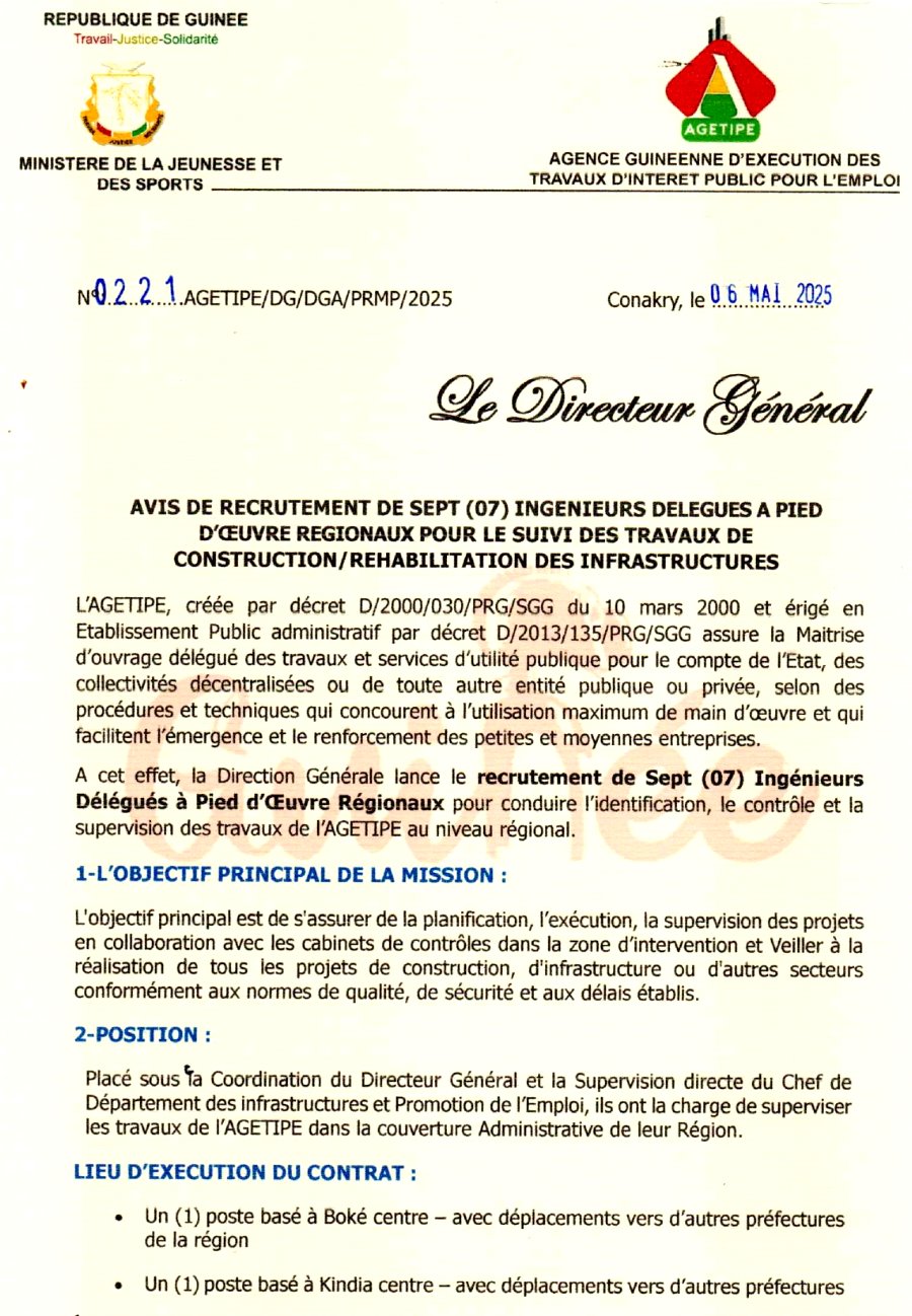 AVIS DE RECRUTEMENT DE SEPT (07) INGENIEURS DELEGUE A PIED D’ŒUVRE REGIONAUX POUR LE SUIVI DES TRAVAUX DE CONSTRUCTION/REHABILITATION DES INFRASTRUCTURES | Page 1