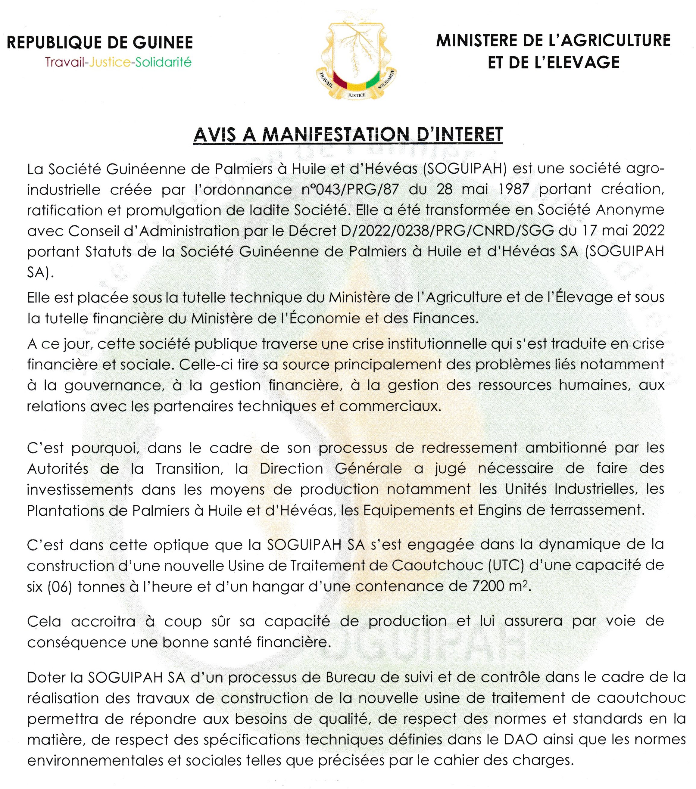 Avis d'appel d'offres pour le recrutement d'un Bureau/Consultant pour le suivi et le contrôle des travaux de construction de l'usine de traitement de caoutchouc d'une capacité de six (06) tonnes à l'heure et d'un hangar d'une contenance de 7200 m2 | Page 1