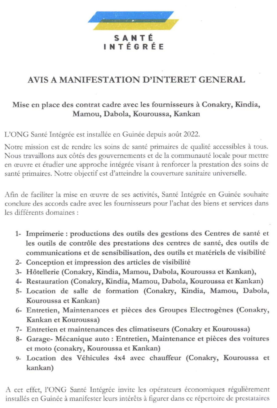 Mise en place des contrat cadre avec les fournisseurs à Conakry, Kindia, Mamou, Dabola, Kouroussa, Kankan  | Page 1