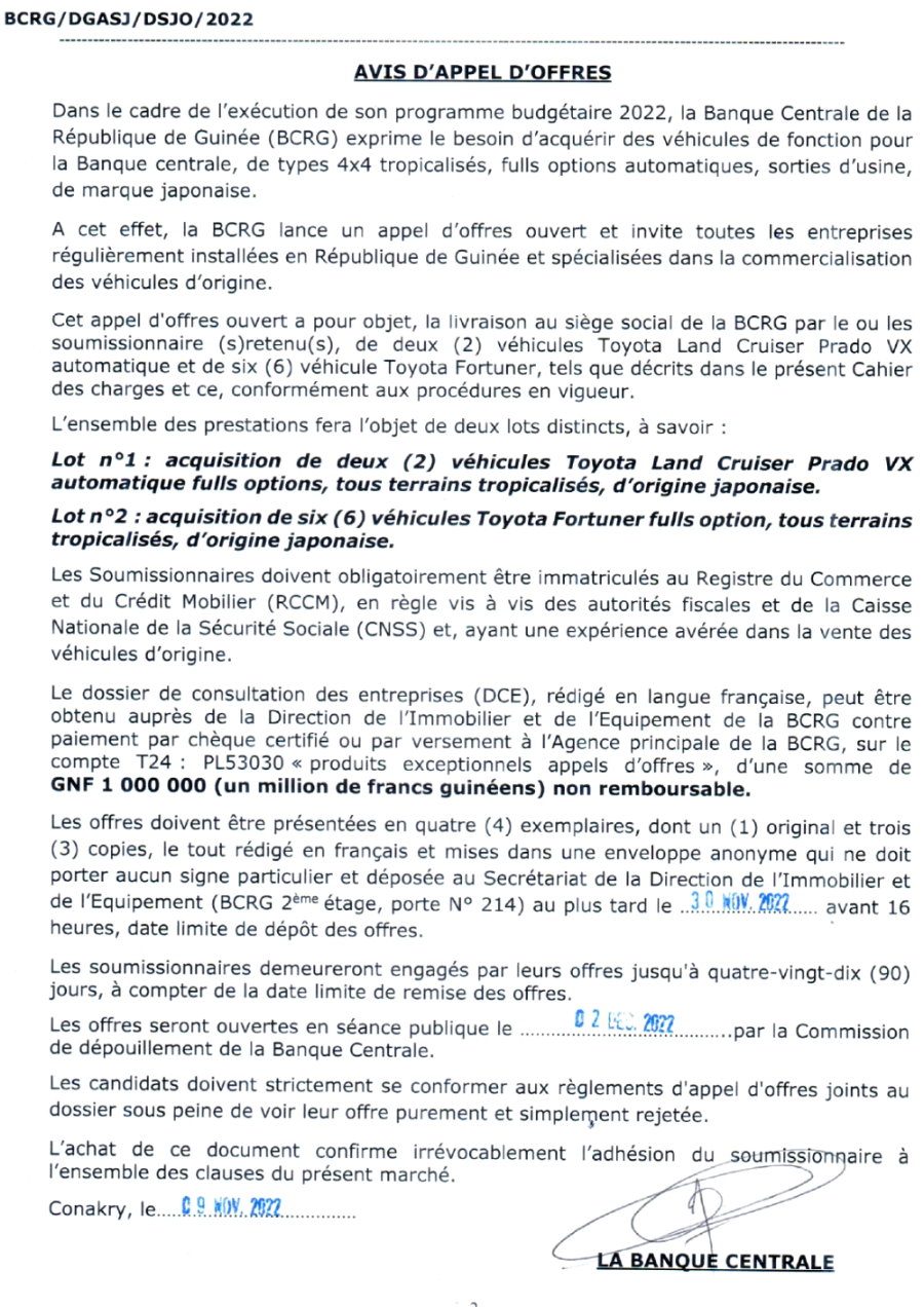 Avis d'appel d'offres pour acquérir des véhicules de fonction pour la Banque centrale, de types 4x4 tropicalisés