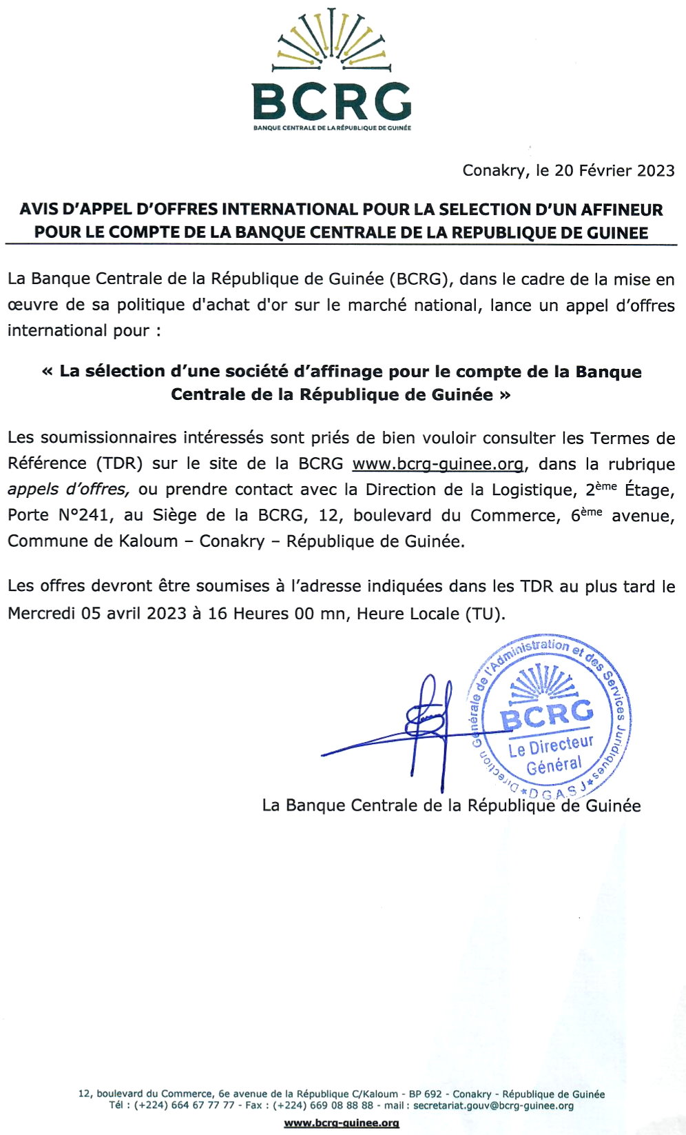 AVIS D'APPEL D'OFFRES INTERNATIONAL POUR LA SELECTION D'UN AFFINEUR POUR LE COMPTE DE LA BANQUE CENTRALE DE LA REPUBLIQUE DE GUINEE 
