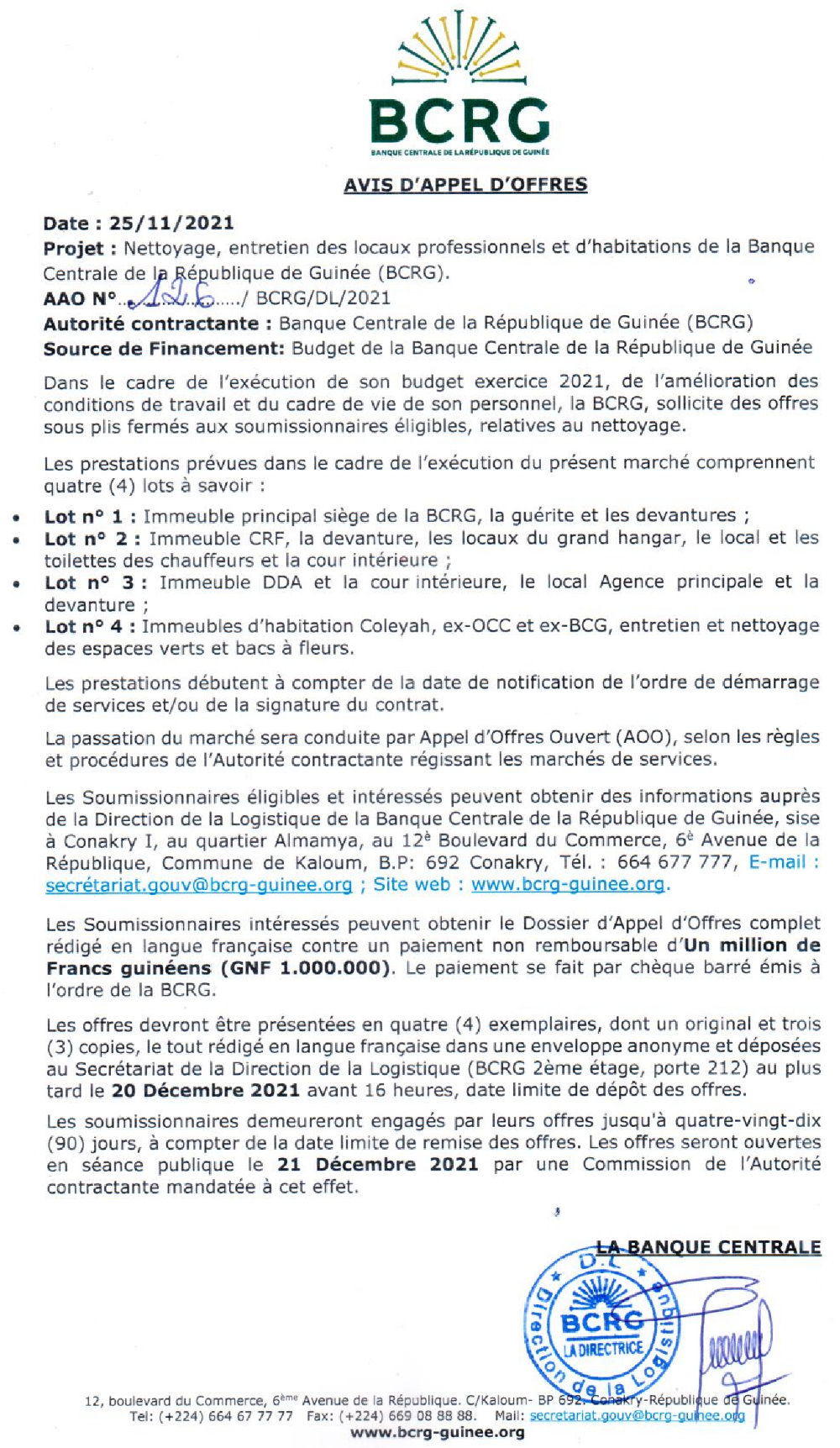 Avis d'appel d'offres pour le Nettoyage, entretien des locaux professionnels et d'habitations de la Banque Centrale de la République de Guinée 