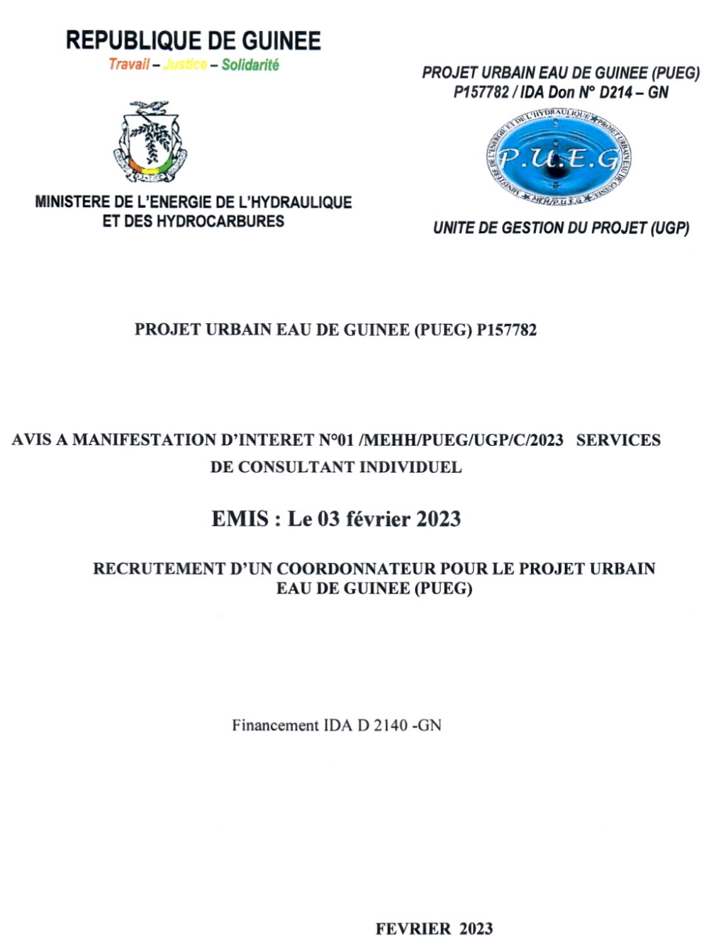 AVIS A MANIFESTATION D’INTERET POUR LE RECRUTEMENT D’UN COORDONNATEUR POUR LEPROJET URBAIN EAU DE GUINEE (PUEG) | Page 1